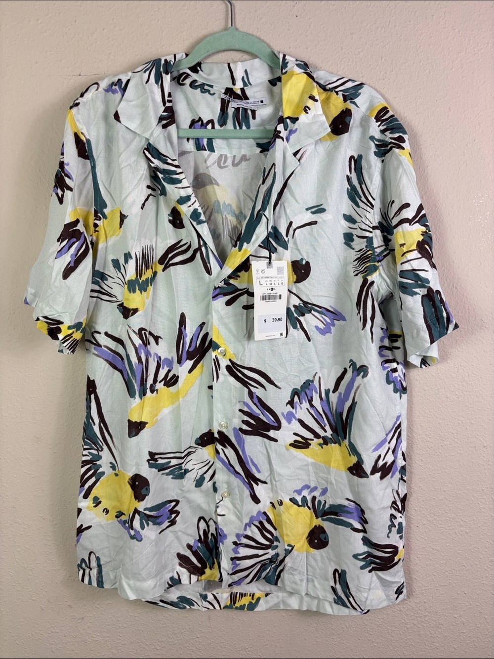NWT Zara Short Sleeve Button Down Shirt Tropical Miami Style Mint green size L